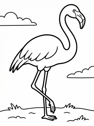 An anatomically accurate side profile illustration of a flamingo, standing tall with its long neck curved, slender legs, and distinct bill.