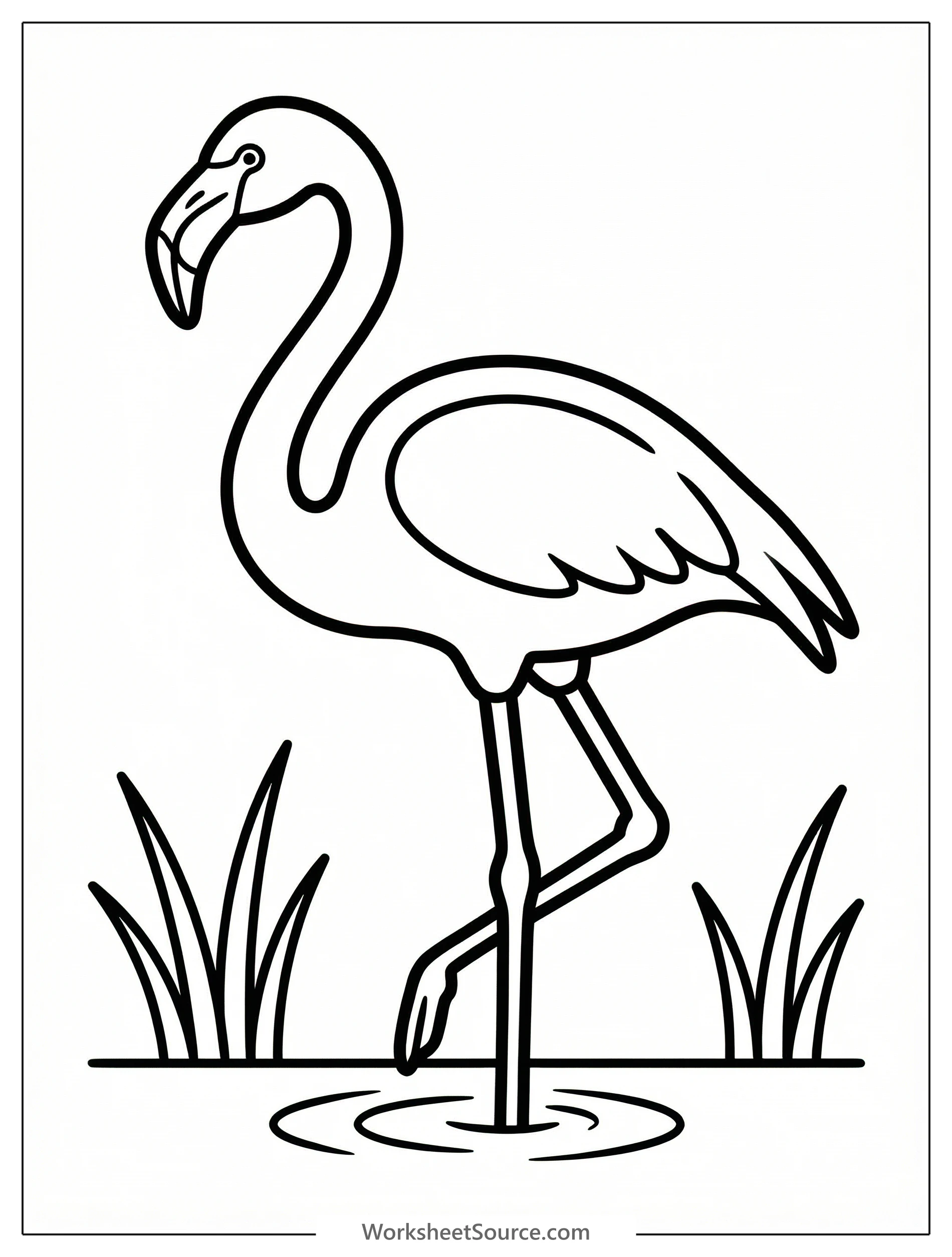 An anatomically accurate silhouette of a flamingo standing gracefully, showcasing its distinctive S shaped neck, long legs, and curved beak.