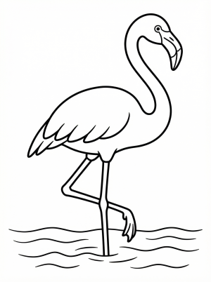 Detailed illustration of an anatomically correct flamingo standing gracefully on one leg in shallow water, ready for coloring.