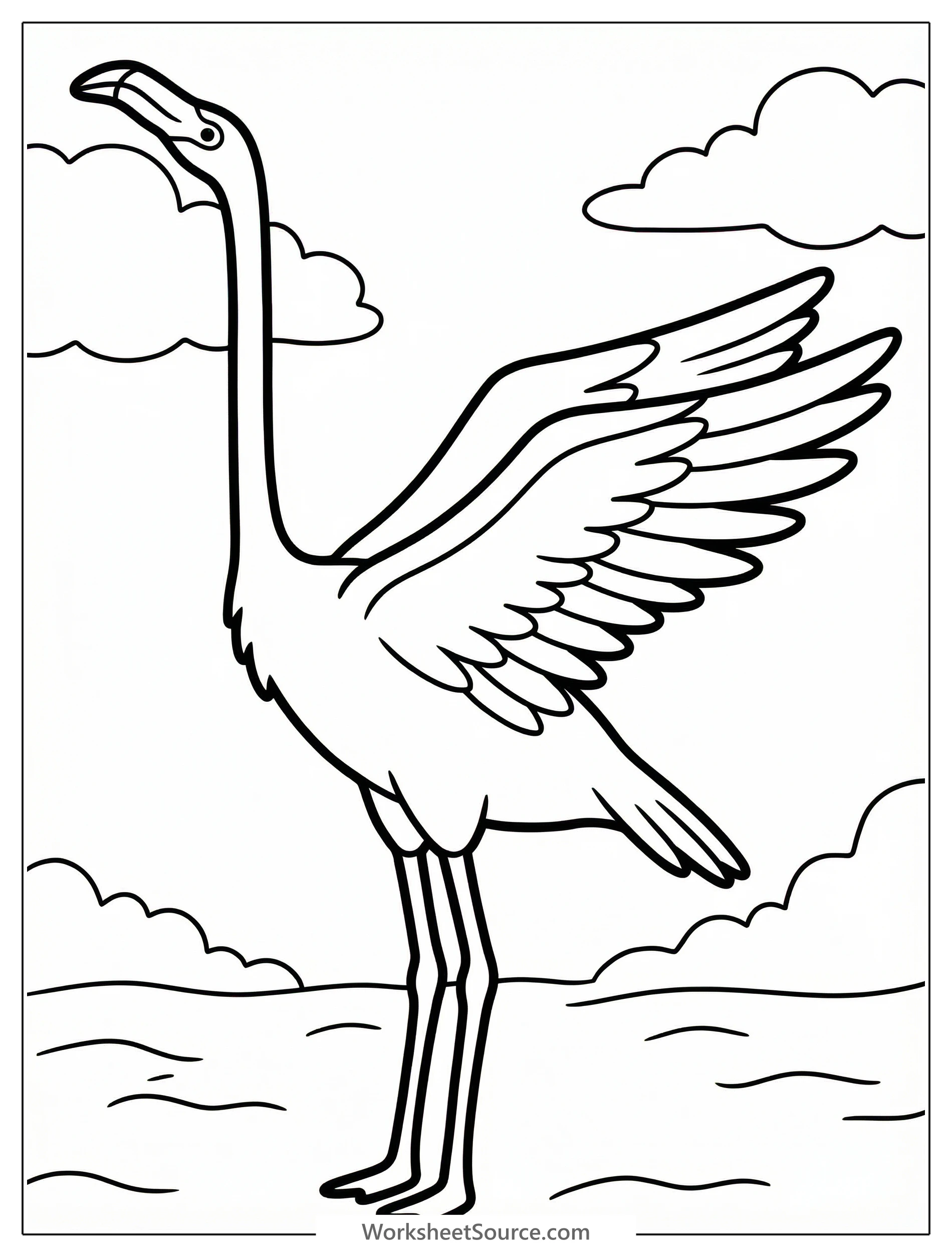 Line art illustration of an anatomically correct flamingo stretching its long neck upwards and graceful wings back, ready for coloring.