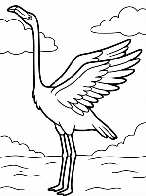 Line art illustration of an anatomically correct flamingo stretching its long neck upwards and graceful wings back, ready for coloring.
