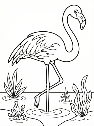Black and white outline of an anatomically correct flamingo standing gracefully in shallow water, surrounded by various detailed algae and aquatic plants.