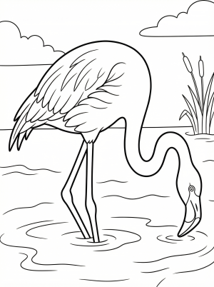 Outline drawing of an anatomically correct flamingo standing in shallow water, featuring its signature S-curved neck and distinct bent bill.