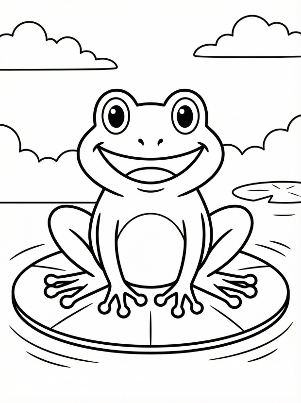 Free printable coloring page showing a happy frog sitting on a lily pad, perfect for kids to practice coloring and improve fine motor skills