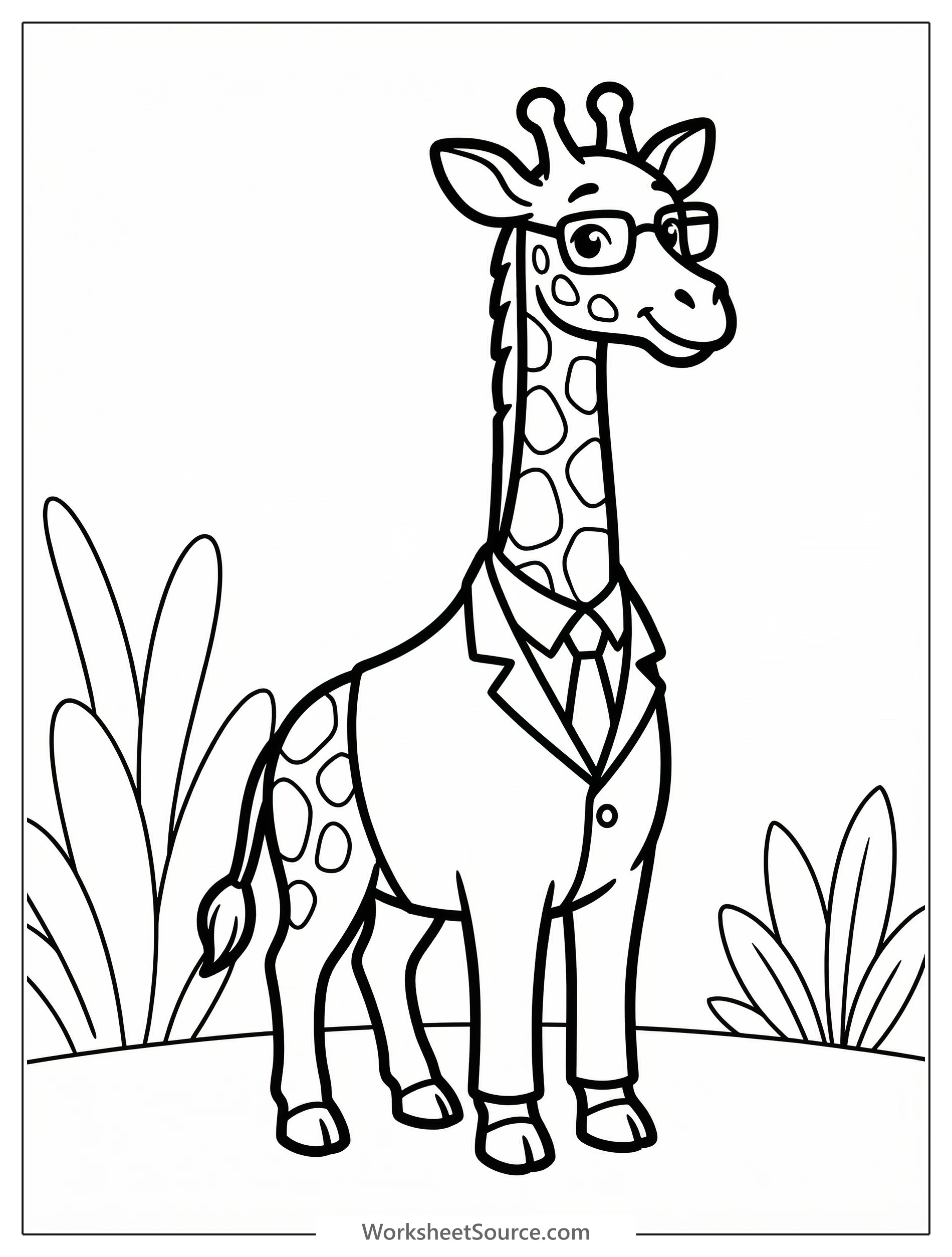A cartoon giraffe wearing a smart business suit, a crisp collared shirt, and a neatly tied necktie, standing upright and looking professional.