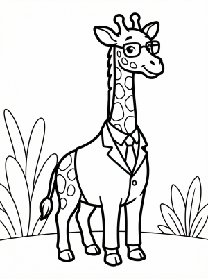 A cartoon giraffe wearing a smart business suit, a crisp collared shirt, and a neatly tied necktie, standing upright and looking professional.