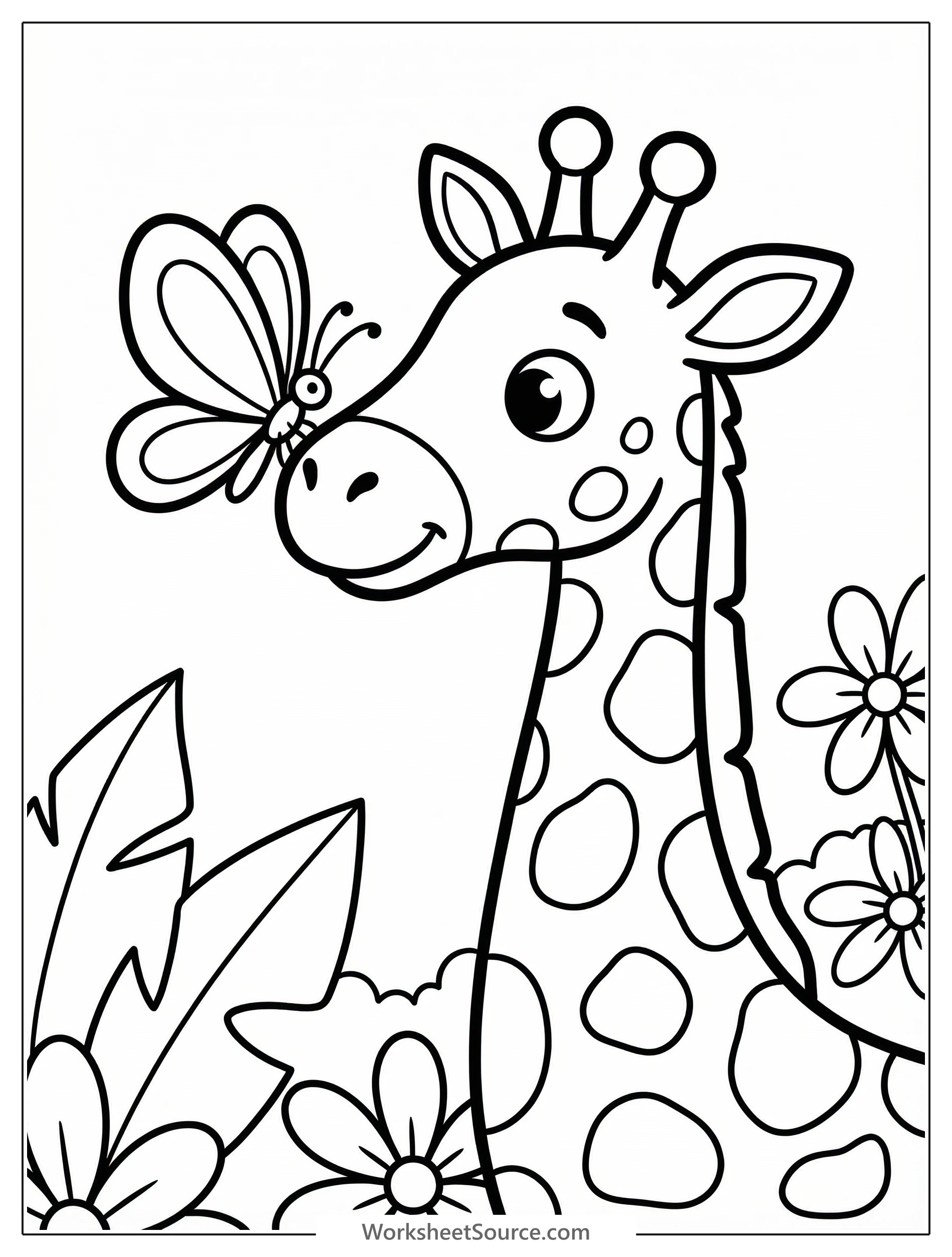 A tall, friendly giraffe with long eyelashes gently bends its neck to observe a delicate butterfly with patterned wings landing softly on its nose.