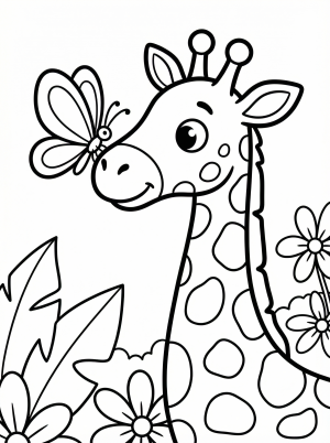 A tall, friendly giraffe with long eyelashes gently bends its neck to observe a delicate butterfly with patterned wings landing softly on its nose.