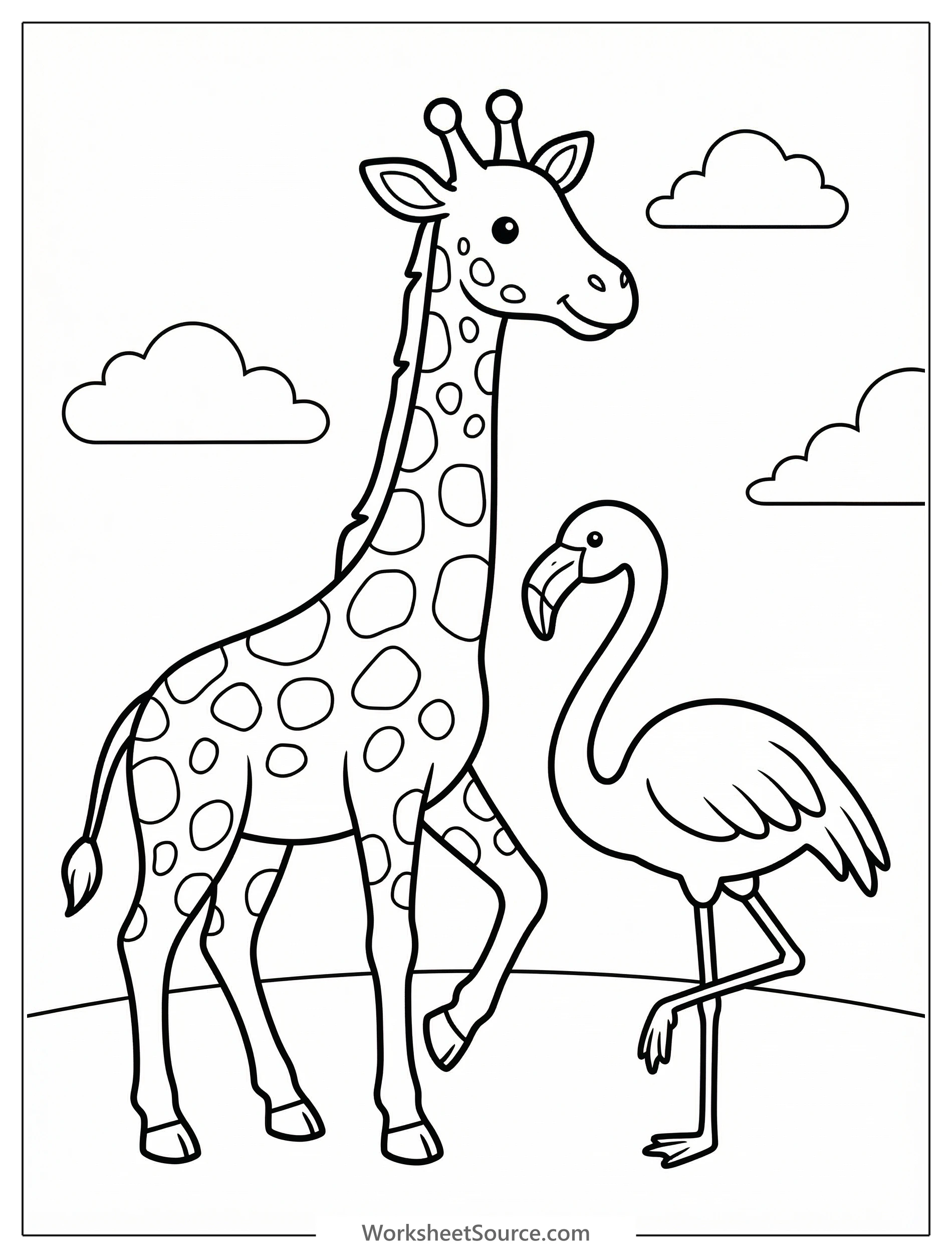 Outline drawing of a tall giraffe and a pink flamingo standing together on one leg, with a natural landscape background.