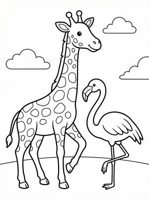 Outline drawing of a tall giraffe and a pink flamingo standing together on one leg, with a natural landscape background.
