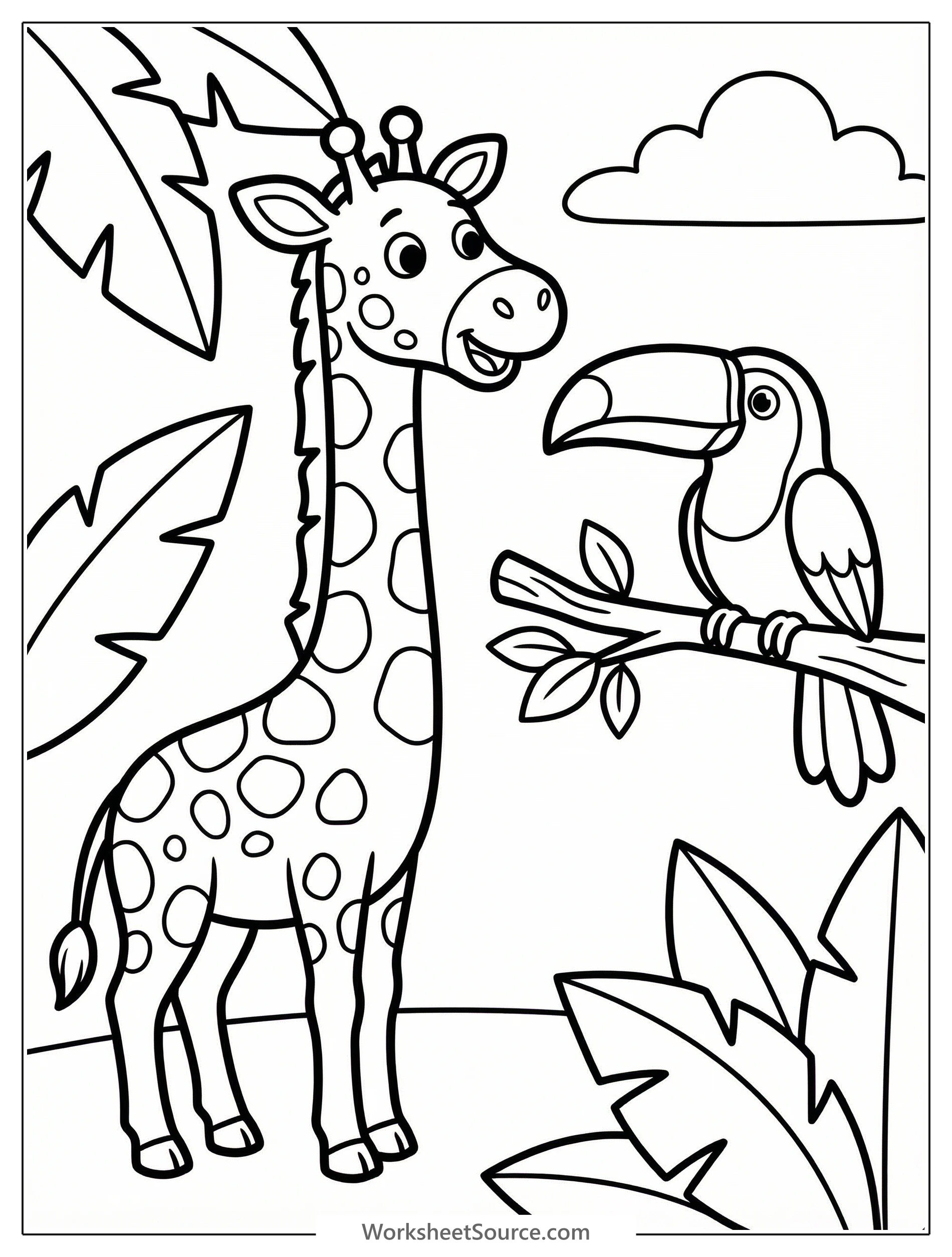 Line art of a friendly giraffe with long neck bending down to converse with a vibrant toucan perched on a leafy tree branch in a jungle setting.