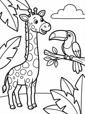 Line art of a friendly giraffe with long neck bending down to converse with a vibrant toucan perched on a leafy tree branch in a jungle setting.