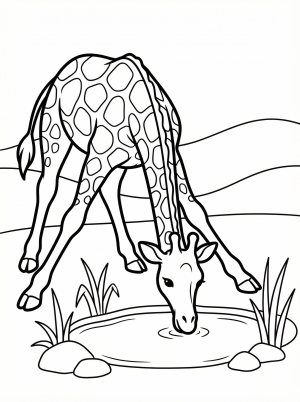 A tall, majestic giraffe with its long legs spread wide, bending down to drink water from a peaceful watering hole in the savanna.