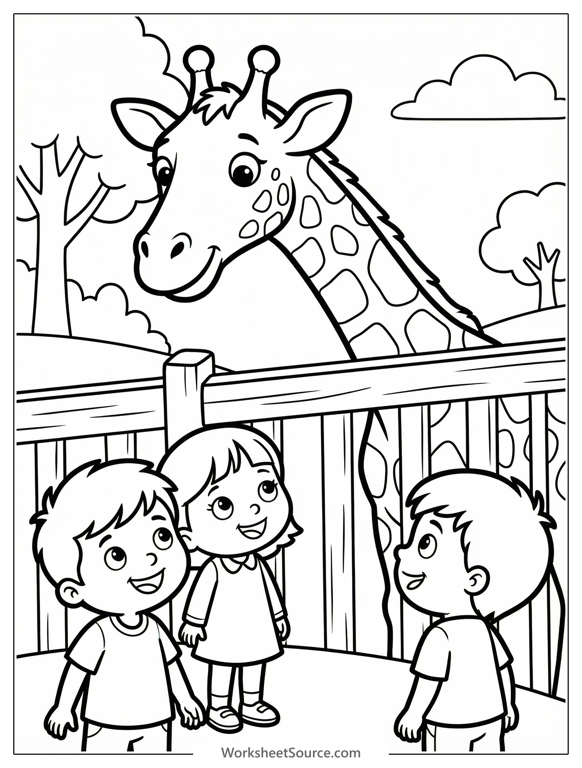 A tall giraffe with a long neck peeks over a brown wooden zoo fence, observing a small group of happy children playing below.