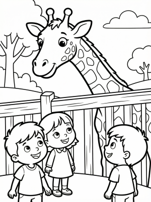 A tall giraffe with a long neck peeks over a brown wooden zoo fence, observing a small group of happy children playing below.