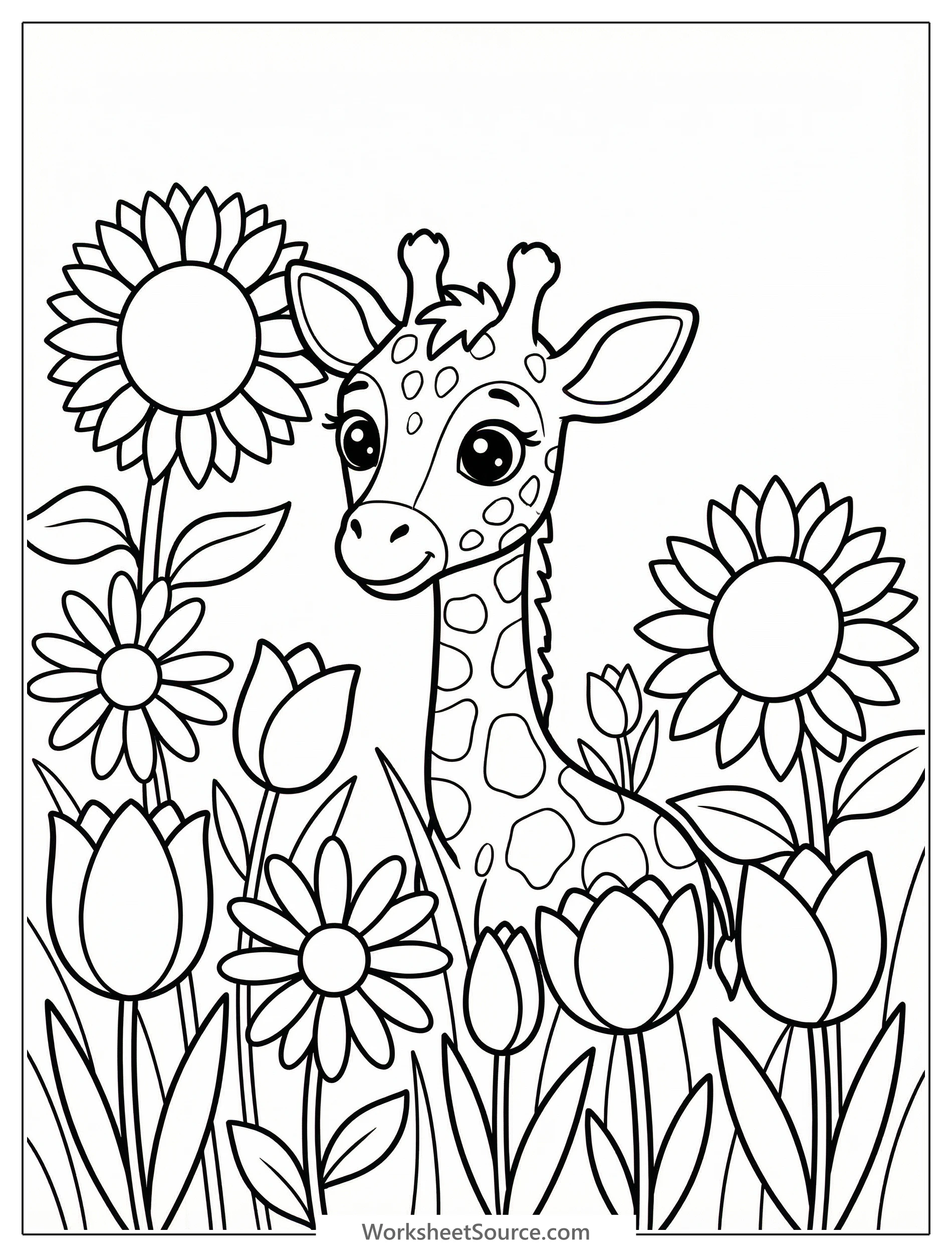 An adorable baby giraffe calf with large expressive eyes peeking shyly from a lush field of tall colorful wildflowers under a bright sky.