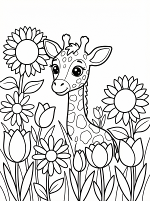 An adorable baby giraffe calf with large expressive eyes peeking shyly from a lush field of tall colorful wildflowers under a bright sky.