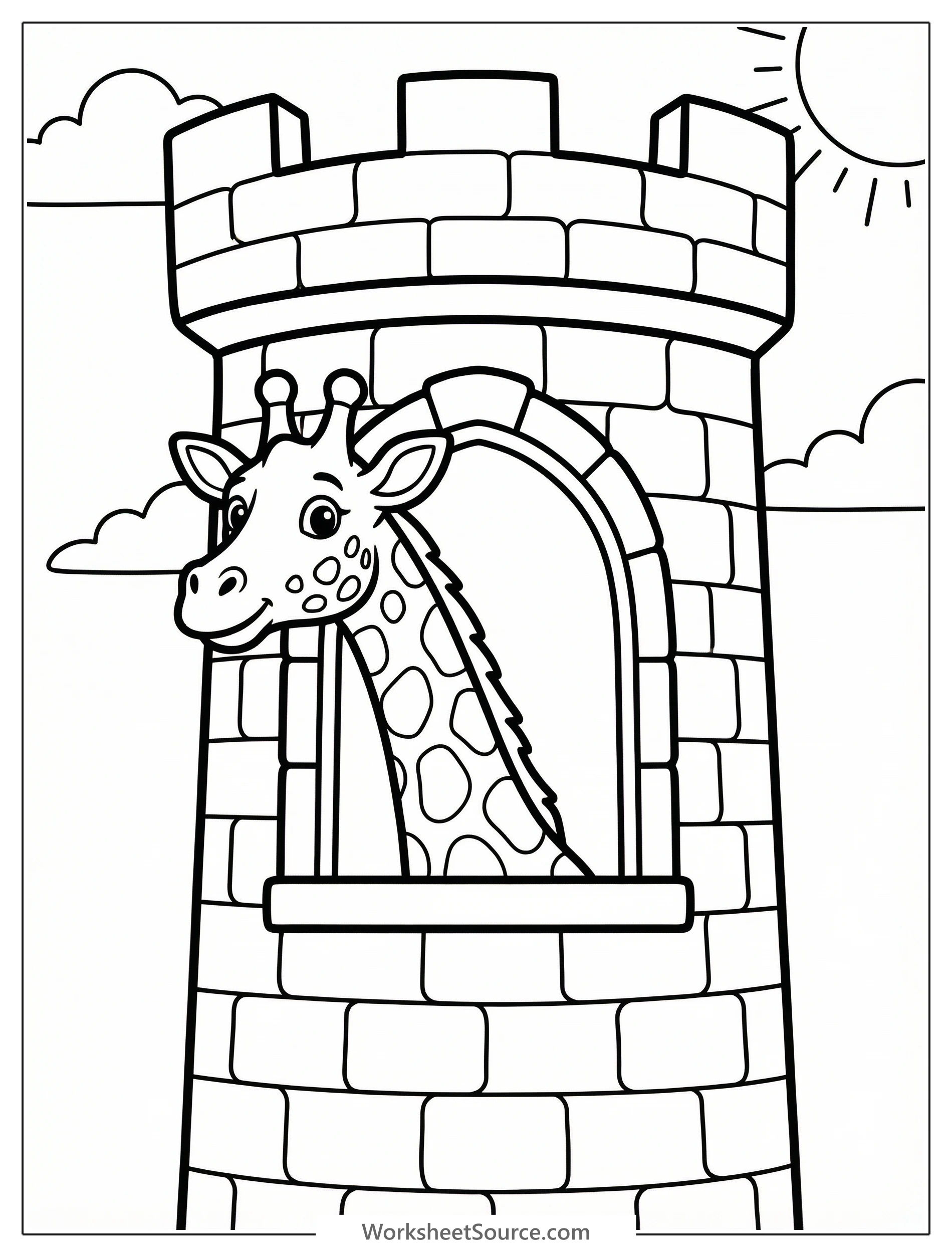 A tall, friendly giraffe peeks curiously into the arched window of a grand stone castle, its long neck stretching up high.