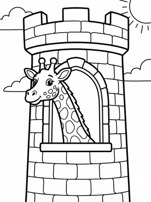 A tall, friendly giraffe peeks curiously into the arched window of a grand stone castle, its long neck stretching up high.