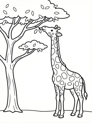 A tall giraffe with distinctive spots extends its long neck upwards to eat green leaves from a high branch of a spiky acacia tree against a clear sky.