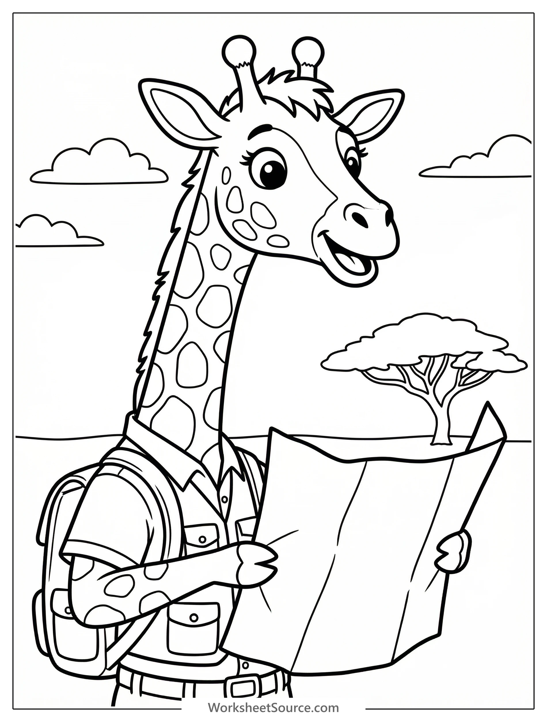 A friendly cartoon giraffe stands wearing a green safari vest and hat, holding an open treasure map with a magnifying glass in its other hand.