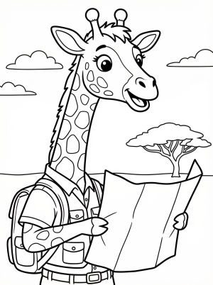 A friendly cartoon giraffe stands wearing a green safari vest and hat, holding an open treasure map with a magnifying glass in its other hand.