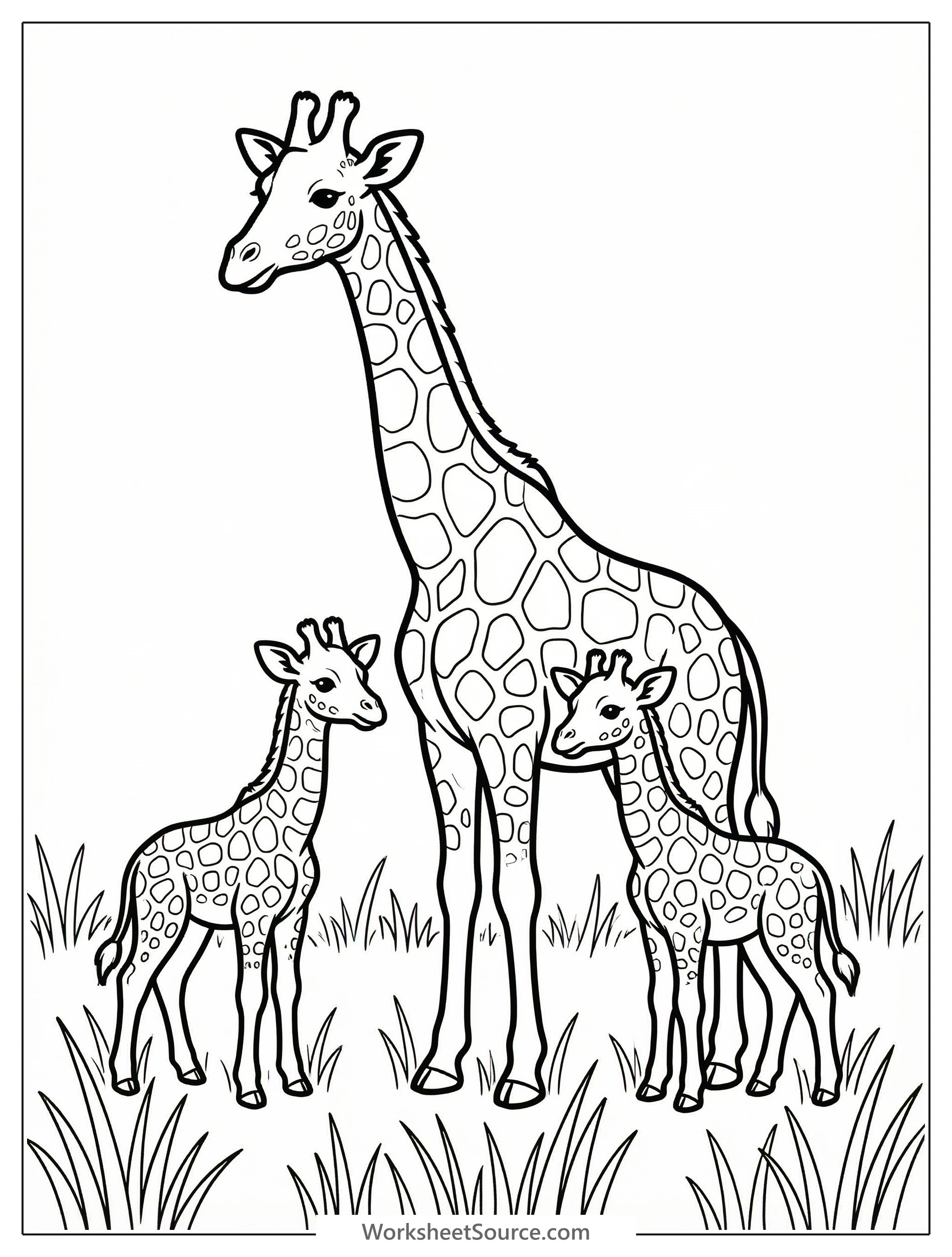 A mother giraffe and two calves in a field of tall grass coloring page for kids - black and white line art ready to print and color