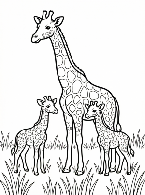 A mother giraffe and two calves in a field of tall grass coloring page for kids - black and white line art ready to print and color