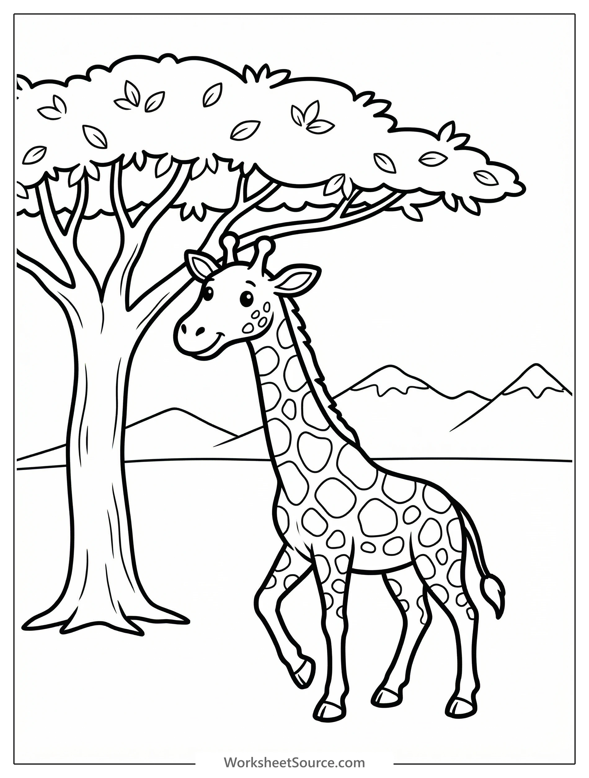 An outline drawing of a tall giraffe walking past a leafy acacia tree with distant mountains under a clear sky, ready for children to color.