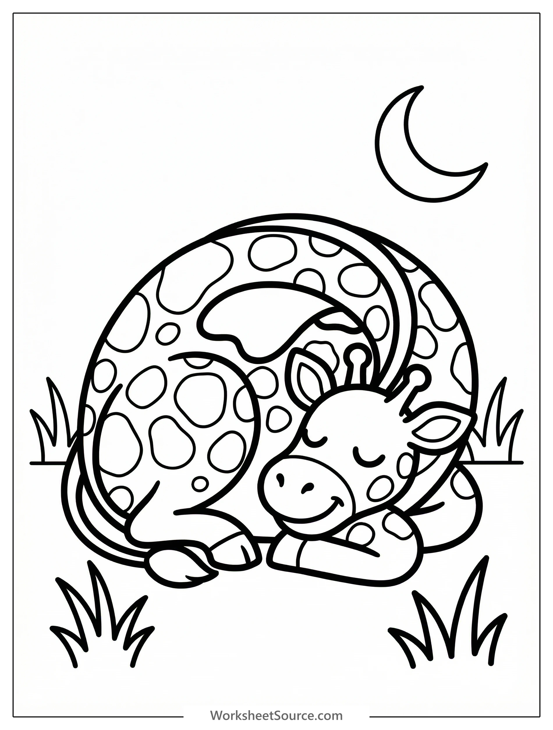 A peaceful giraffe curls up on the ground, sleeping soundly amidst gentle grass. The tranquil scene is perfect for coloring, encouraging calm and focus.