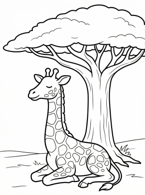 A gentle giraffe rests peacefully in the cool shade of a large, spreading acacia tree with distinctive flat top foliage, amidst a savannah landscape.
