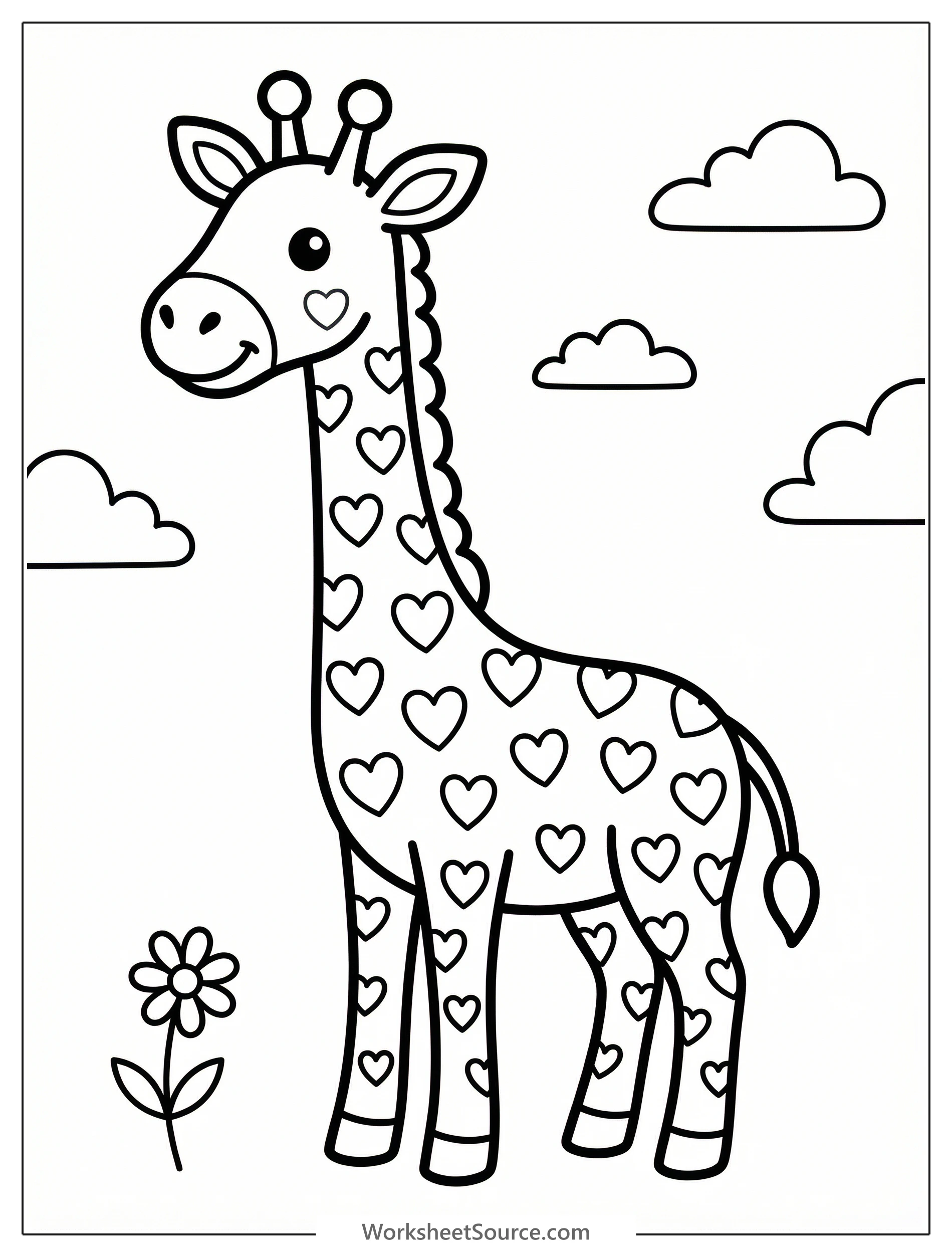 An outline drawing of a tall giraffe with a long neck and legs, its entire body covered in many small heart shapes, ready for coloring.