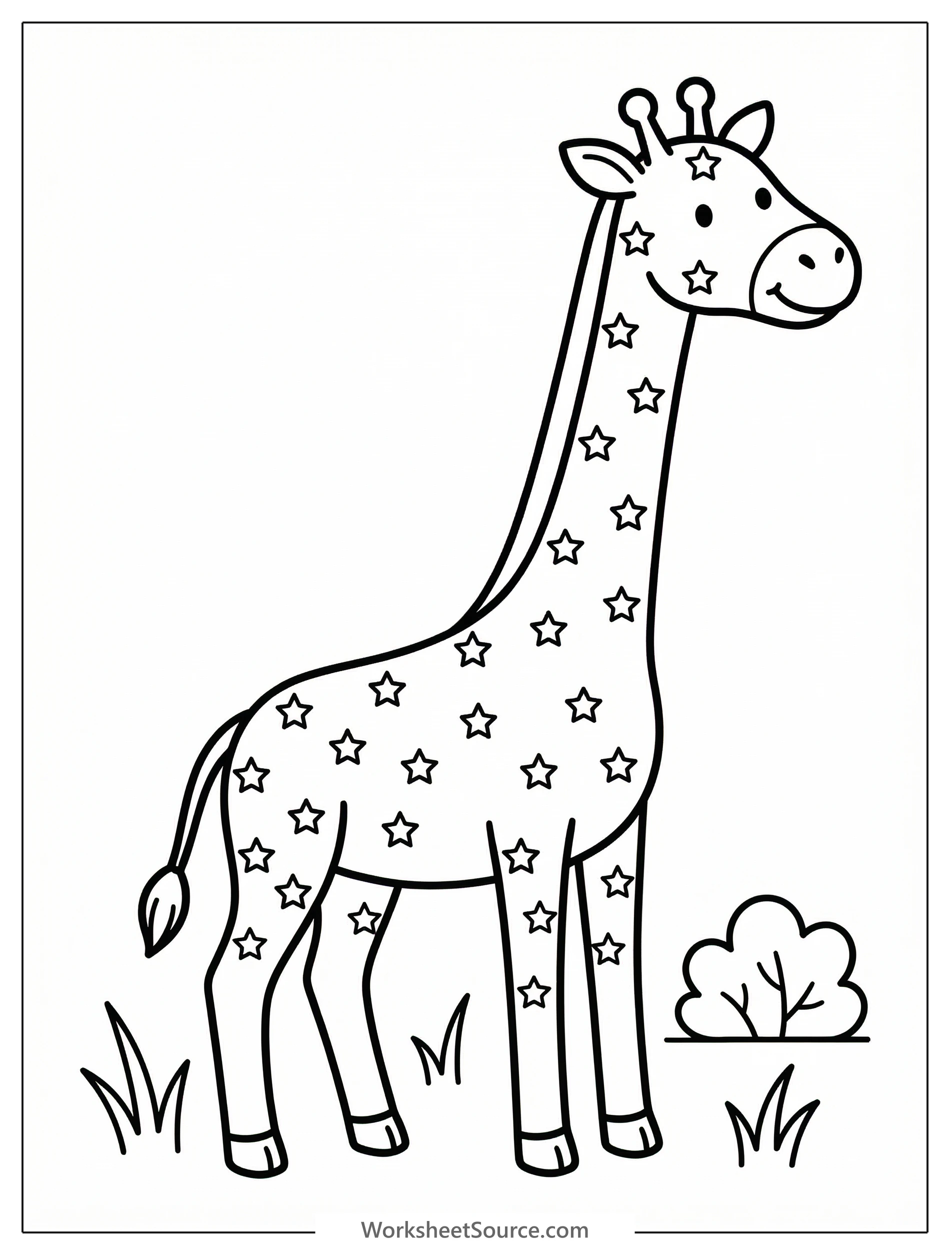 Outline illustration of a standing giraffe facing left, with its entire body covered in intricate, whimsical star patterns, ready for coloring.