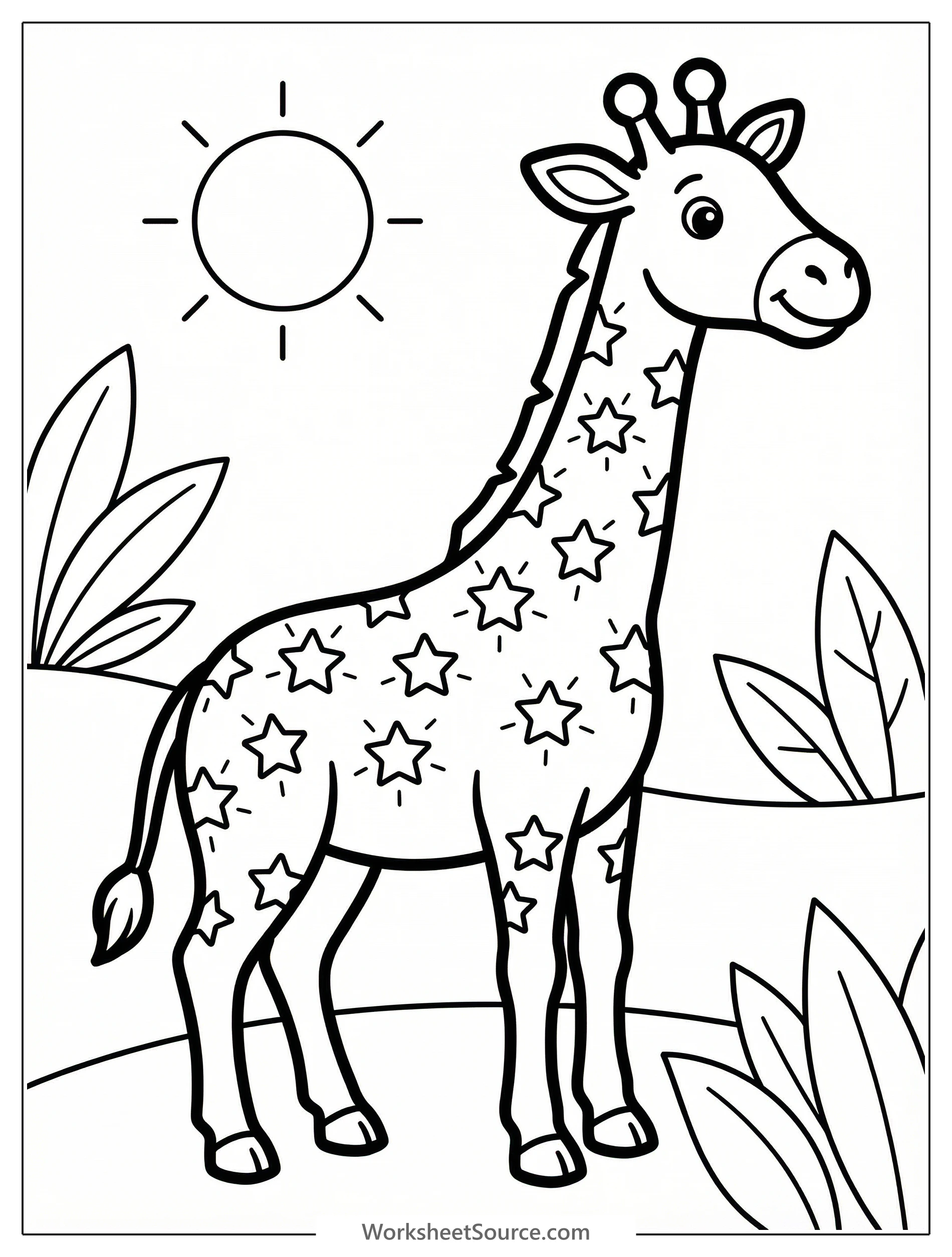 A tall, friendly giraffe smiling, with unique star-shaped spots covering its body. It stands gracefully, looking forward in a playful pose.