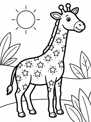 A tall, friendly giraffe smiling, with unique star-shaped spots covering its body. It stands gracefully, looking forward in a playful pose.