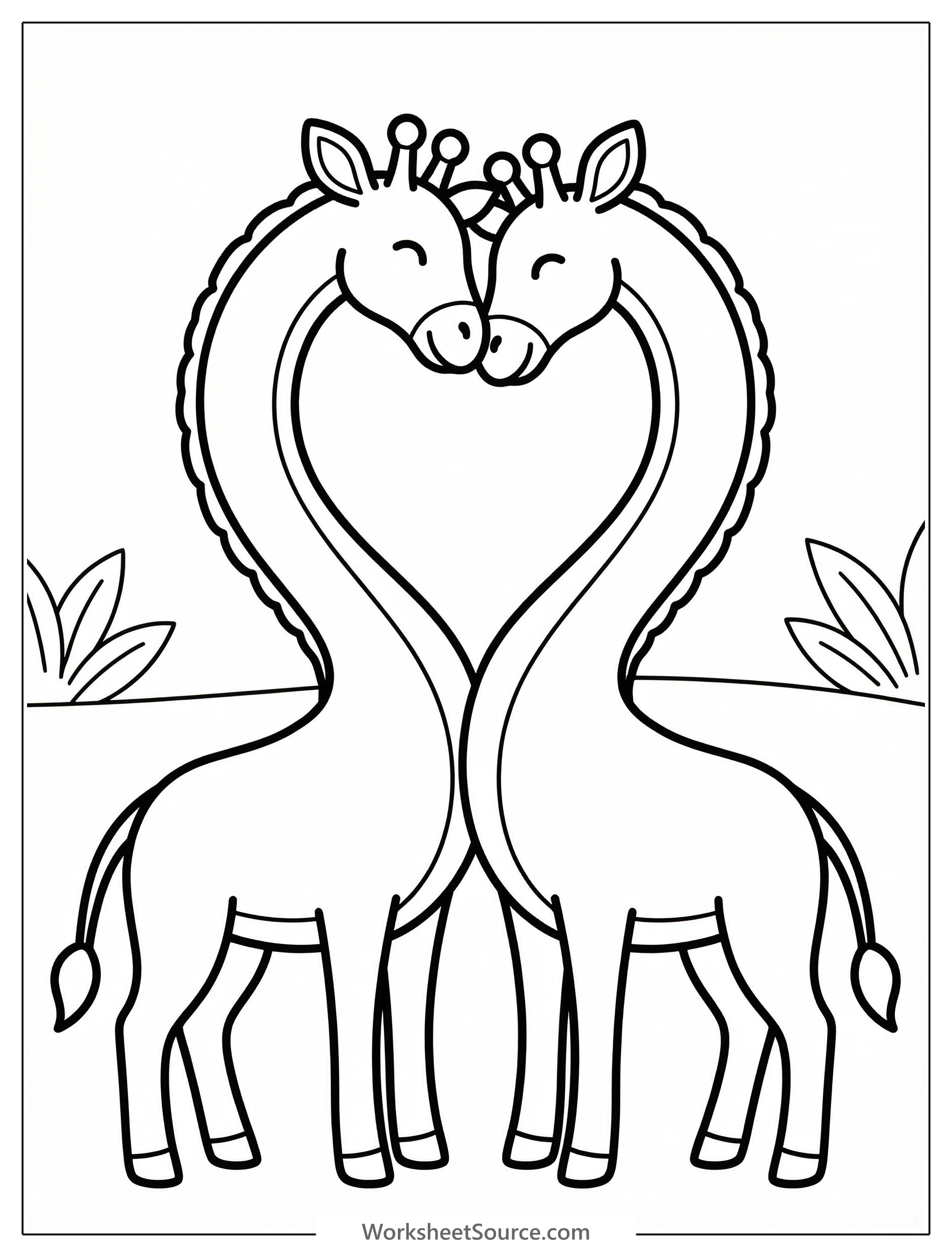 Two graceful giraffes with long necks nuzzling affectionately, forming a beautiful heart shape, against a simple background.