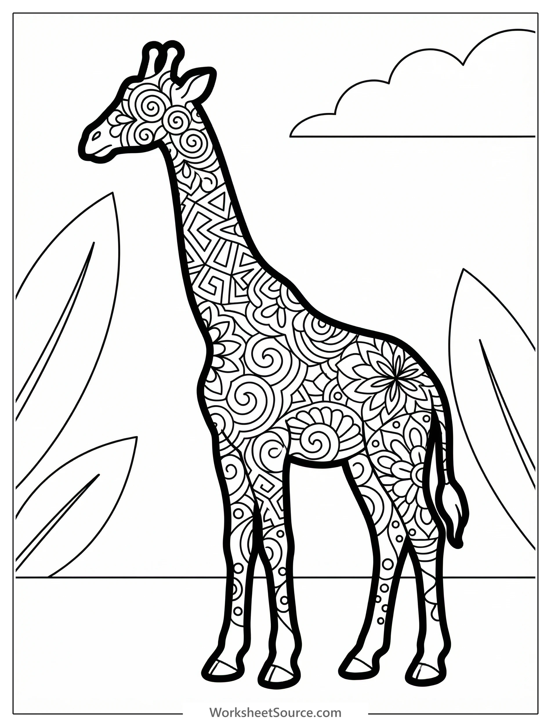 A beautiful silhouette of a giraffe filled with intricate zentangle and mandala patterns, ready to be colored. Ideal for artistic expression and focus.