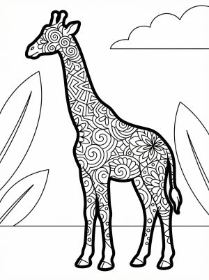 A beautiful silhouette of a giraffe filled with intricate zentangle and mandala patterns, ready to be colored. Ideal for artistic expression and focus.