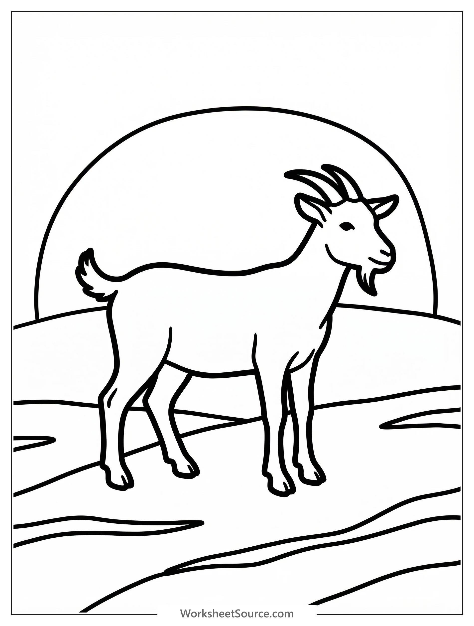 An anatomically correct silhouette of a goat standing gracefully against a vibrant sunset sky, illuminated by golden and orange light, ready for coloring.