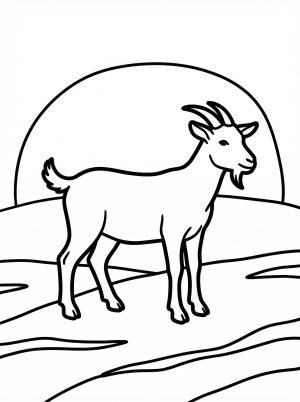An anatomically correct silhouette of a goat standing gracefully against a vibrant sunset sky, illuminated by golden and orange light, ready for coloring.