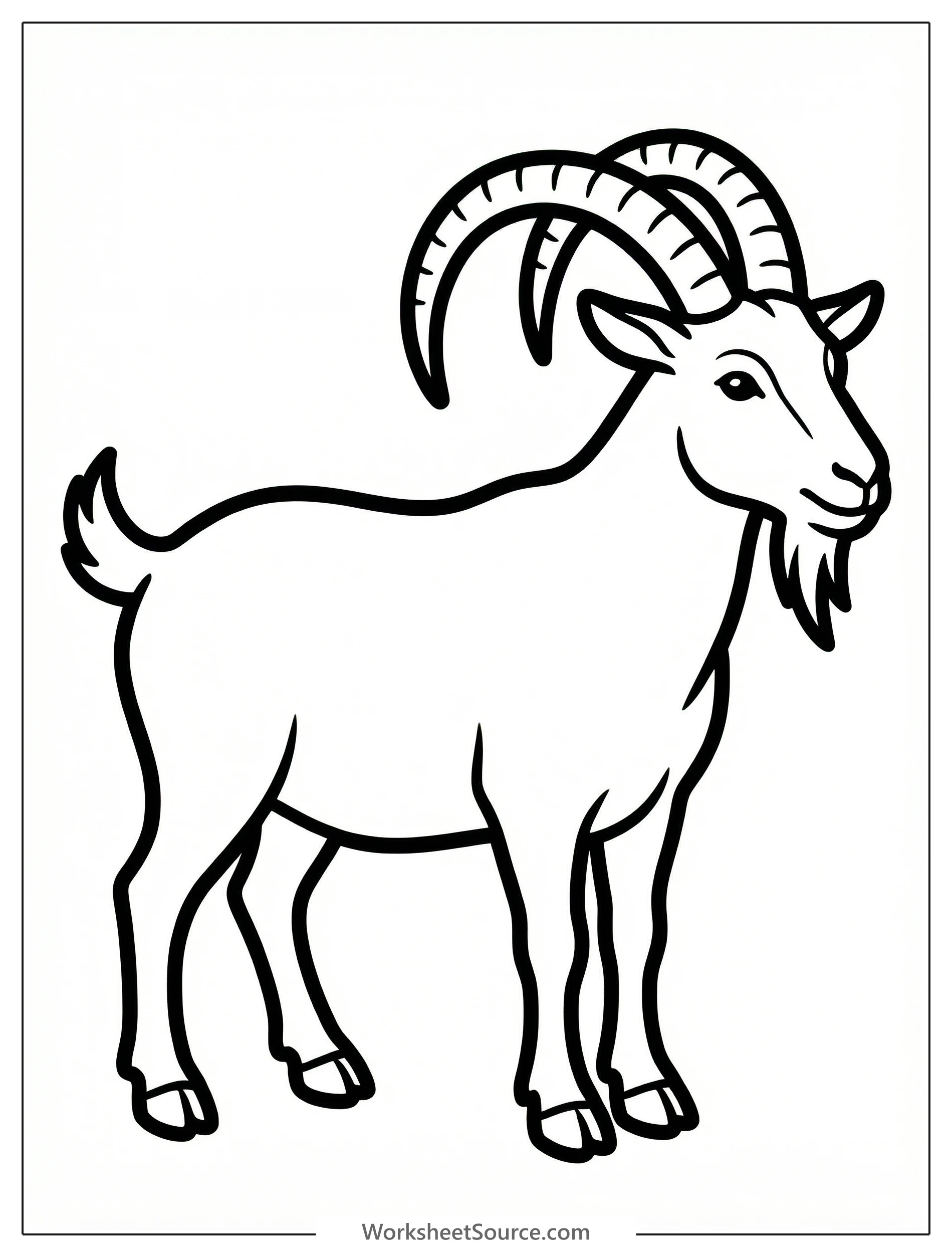 Anatomically accurate illustration of a male billy goat standing, featuring large curved horns, a distinct beard, and detailed fur texture.