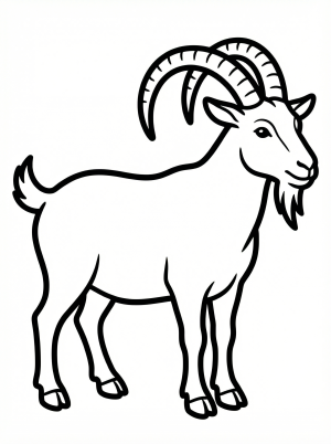 Anatomically accurate illustration of a male billy goat standing, featuring large curved horns, a distinct beard, and detailed fur texture.