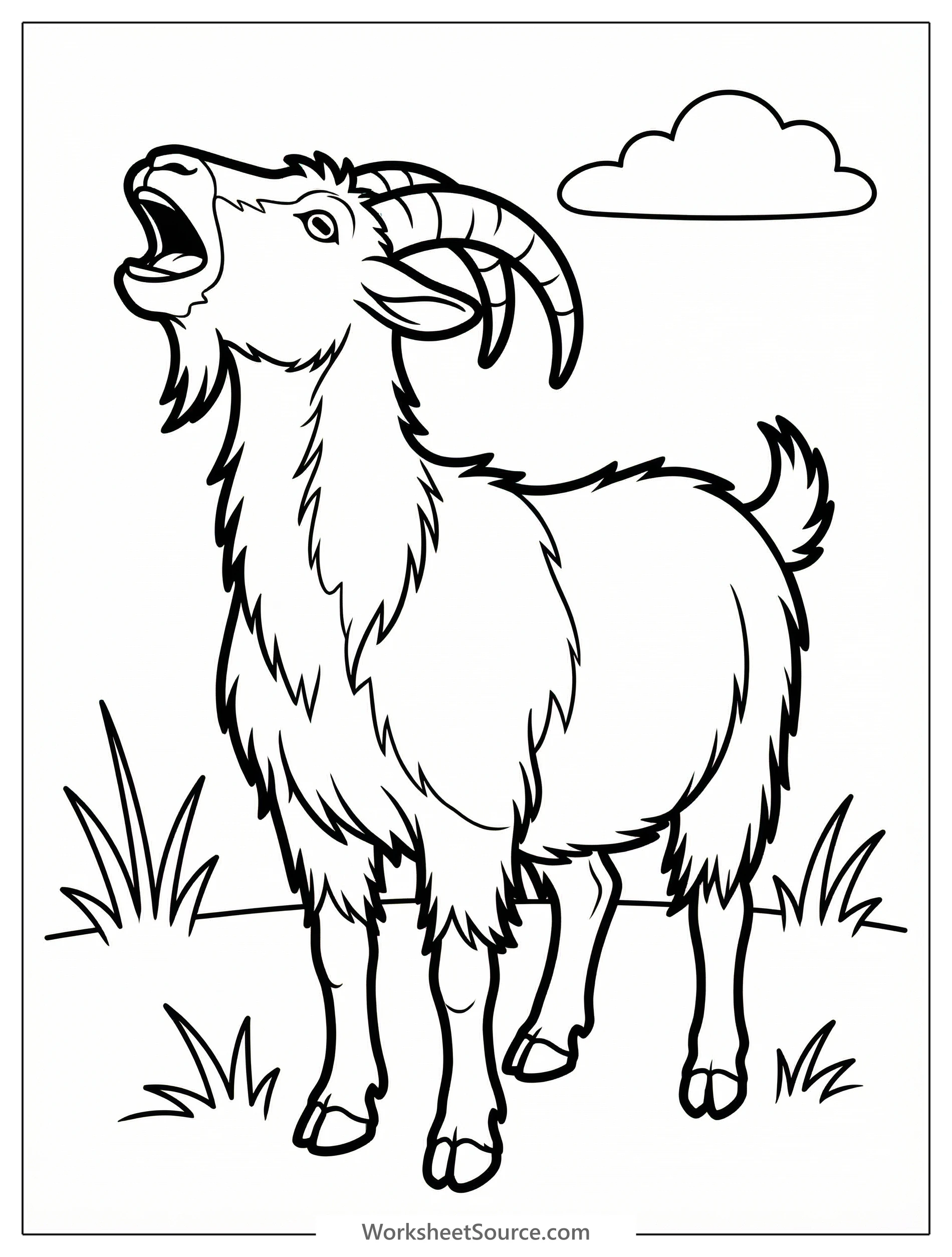 Black and white outline drawing of an anatomically correct goat with its mouth wide open as if bleating loudly. Ready to be colored.