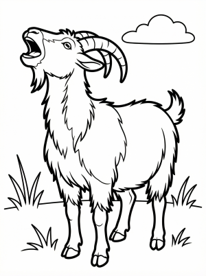 Black and white outline drawing of an anatomically correct goat with its mouth wide open as if bleating loudly. Ready to be colored.