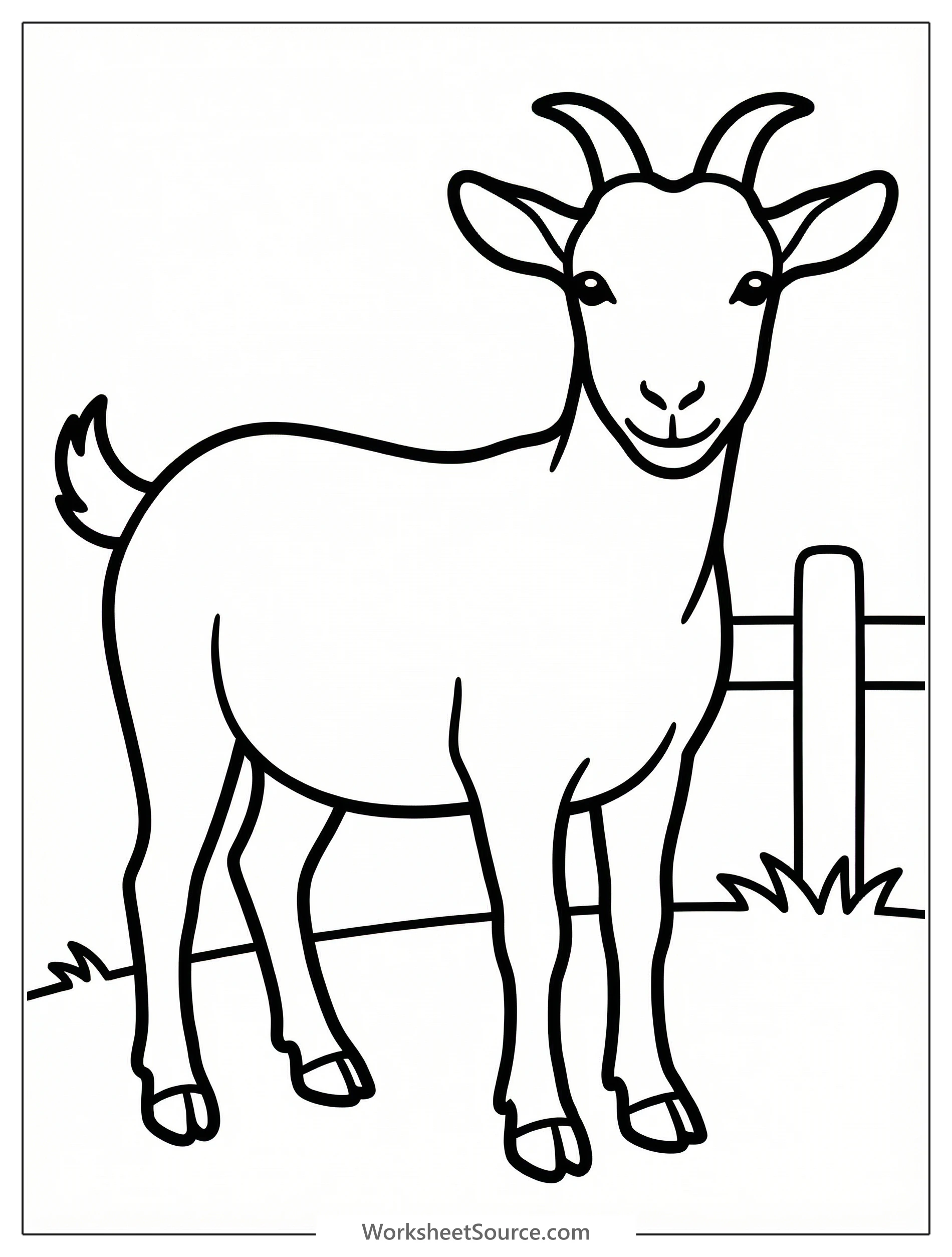 Outline drawing of an anatomically correct goat standing in a classic farm animal pose, ready for coloring. It features distinct horns, ears, and hooves.