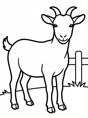 Outline drawing of an anatomically correct goat standing in a classic farm animal pose, ready for coloring. It features distinct horns, ears, and hooves.