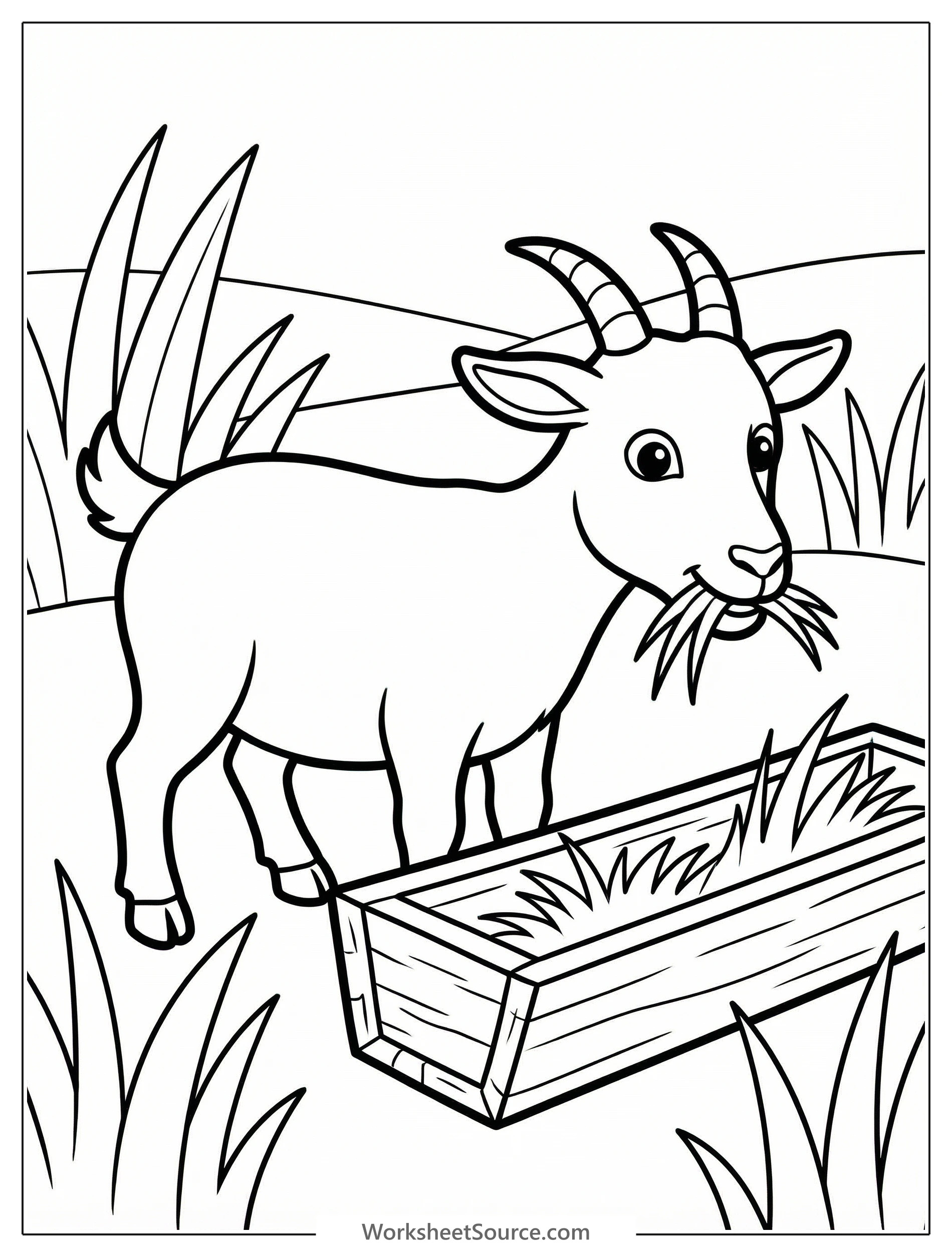 An anatomically correct cartoon goat happily eating from a wooden trough filled with food, standing on green grass under a clear sky.