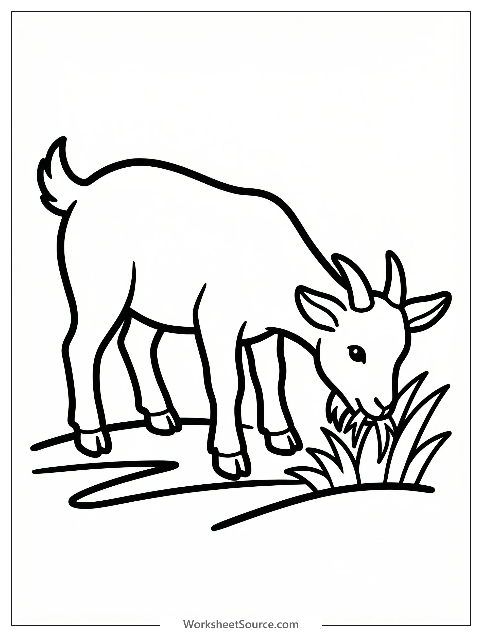 Outline drawing of an anatomically correct goat with its head down, peacefully grazing on blades of grass.