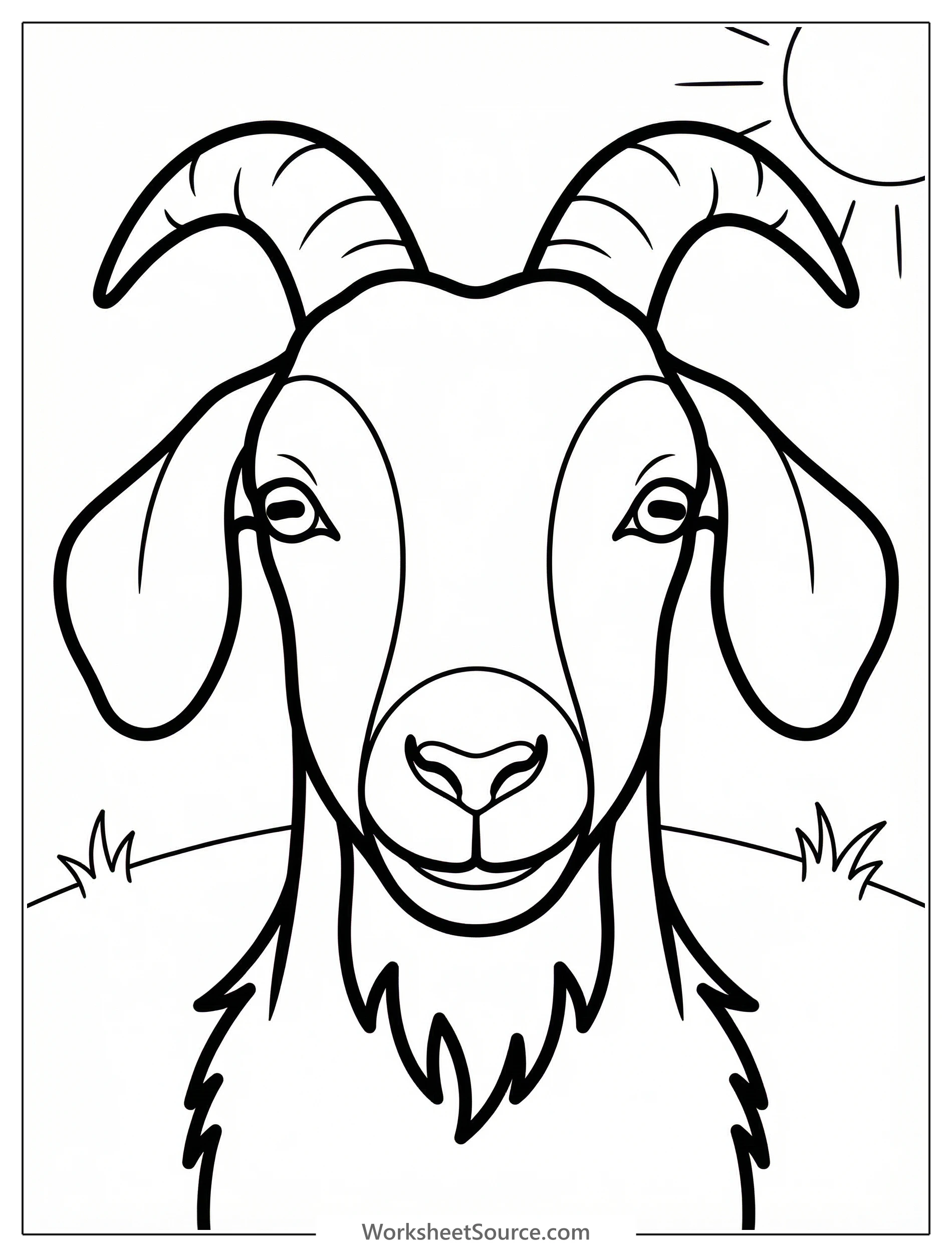 Anatomically correct line art of a goat head facing forward, featuring prominent horns, distinct ears, and a shaggy beard ready for coloring.