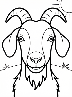 Anatomically correct line art of a goat head facing forward, featuring prominent horns, distinct ears, and a shaggy beard ready for coloring.